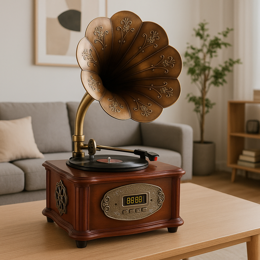 Retro Wooden Bluetooth Gramophone Turntable – Vintage Record Player with Built-in Speakers