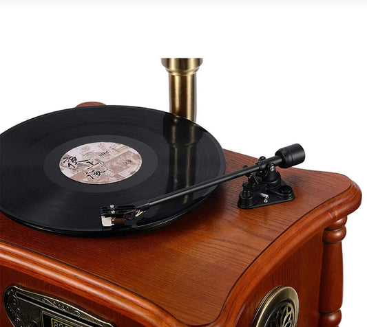 Retro Wooden Bluetooth Gramophone Turntable – Vintage Record Player with Built-in Speakers