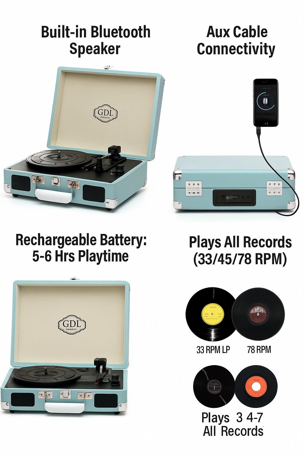 Rechargeable Portable Record Player with Built-in Speakers
