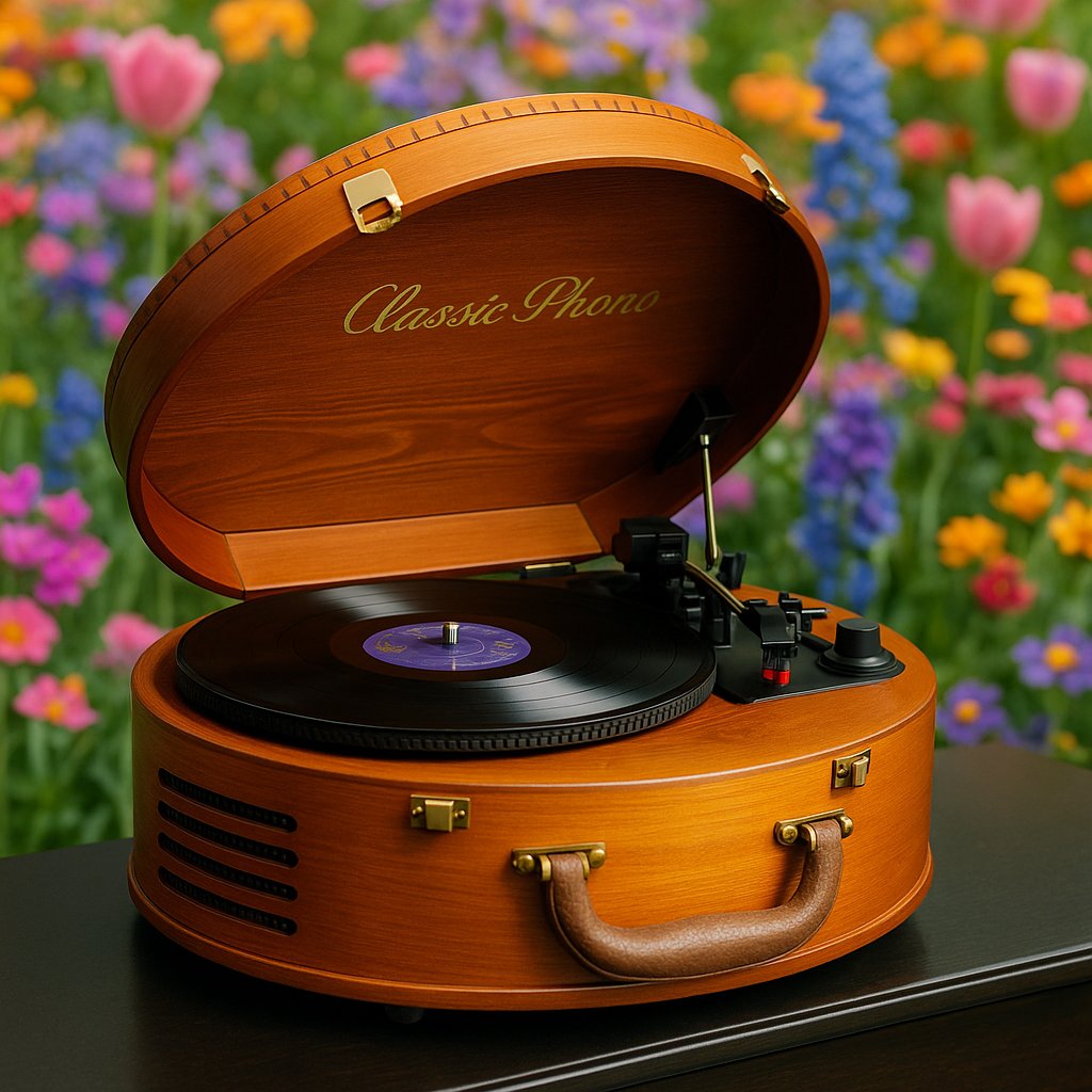 Wooden turntable with built-in speakers